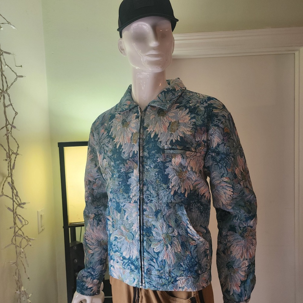 PacSun Floral Tapestry Jacket Mens Blue Woven Quilted Lined Full Zip Work Coat